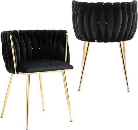 Woven Velvet Dining Chairs Set of 2, Upholstered Velvet Dining Chairs with Gold Metal Legs, Modern Style, Black