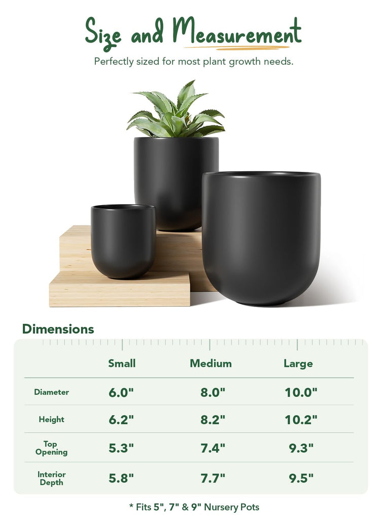 6, 8 & 10 Inch Ceramic Planter Set for Indoor Plants, Black