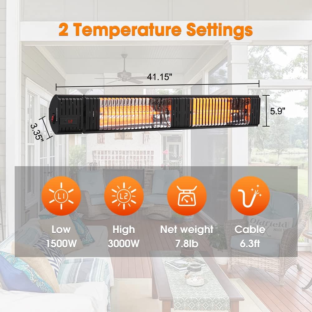 Infrared Electric Patio Heater, 3000W Carbon Fiber Heating for Outdoor/Indoor, Porch, Deck, Garage with Remote 24