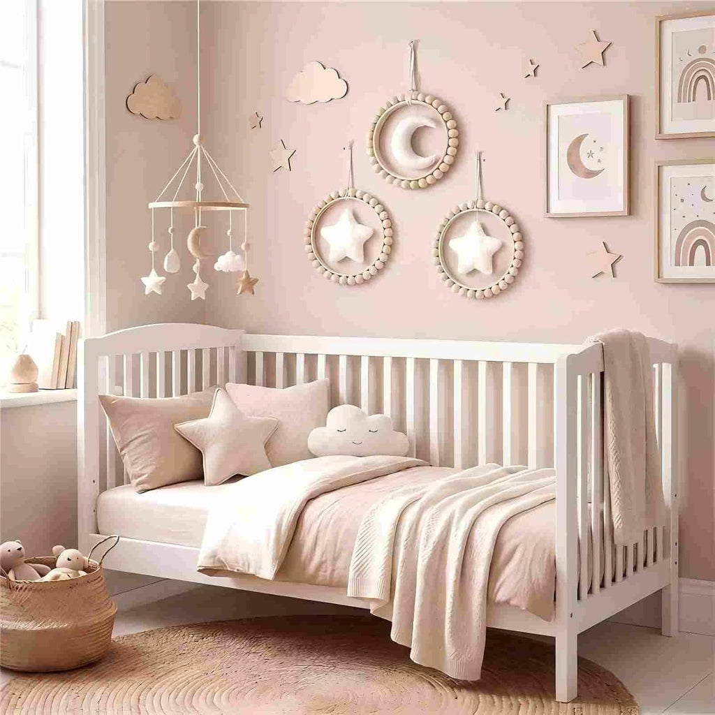 3 Pcs Boho Moon and Stars Wall Decor Nursery Wall Decors Wooden Bead Garland with Felt Centerpieces, Farmhouse Style