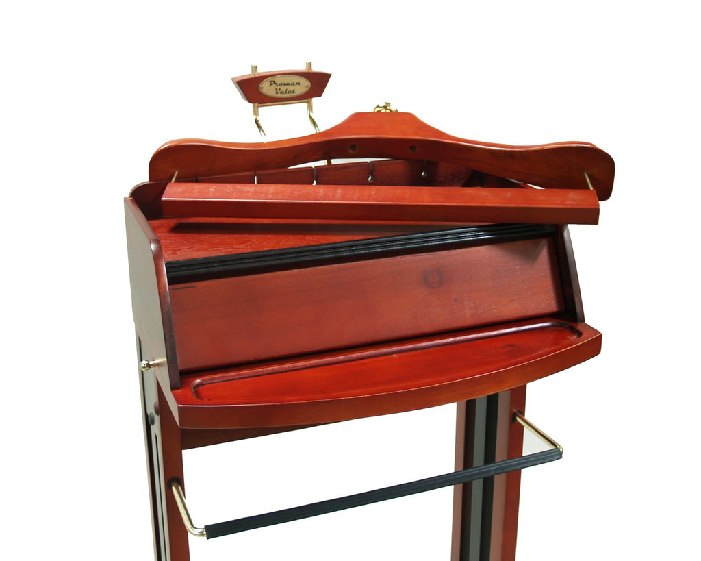 Excalibur Wardrobe Wood Valet Stand with Power Extension, Large Storage Compartment, Contour Hanger, Trouser