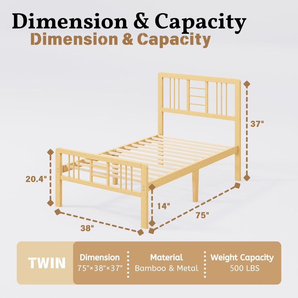 14 Inch Bamboo Wood Twin Size Platform Bed Frame with Headboard and Footboard, Metal Slat Support Bed Frame Twin