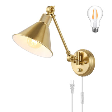 Wall Sconce Plug in, Dimmable Wall Sconce Brushed Brass Swing Arm Wall Lights with Plug in Cord and Dimmer On/Off