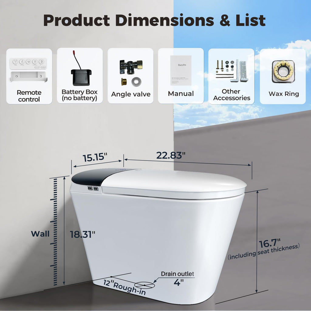 Smart Compact Toilet for Small Bathroom, 23" Depth Shallow Toilet with Foam Shield Auto Open/Close Lid, 12" Rough In, Built-in Tank, Heated Seat Foot Sensor Flush One-Piece (ZY695A Mini) ZY695A Mini – 23.23" Overall Depth