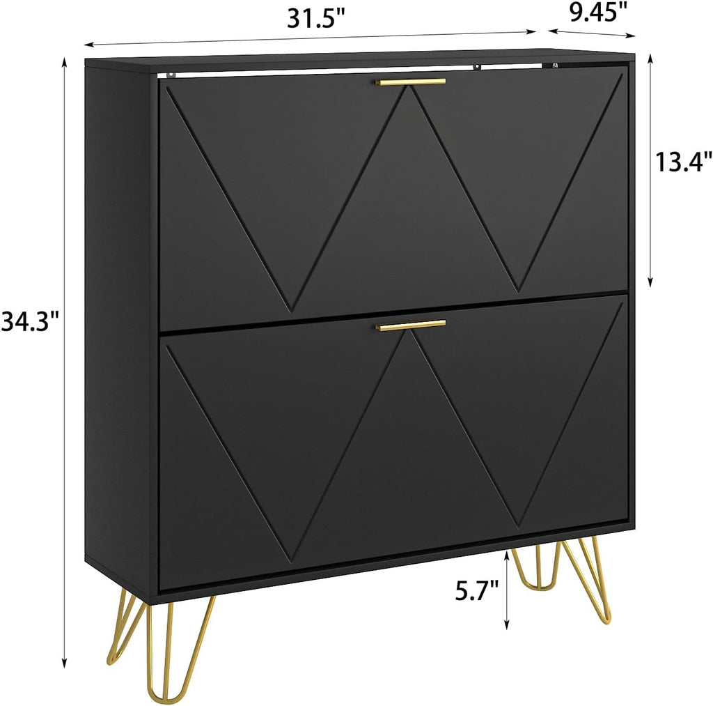 Shoe Cabinet with 2 Flip Drawers, Black Shoe Storage Cabinet, Slim Wooden Freestanding Shoe Rack, Shoe Organizer with