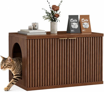 Cat Litter Box Enclosure, Modern Fluted Accent, Reddish Brown