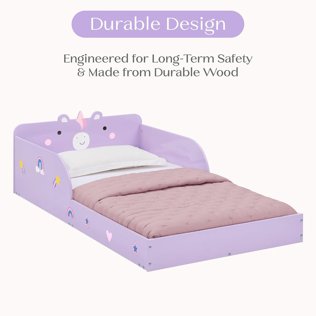 Unicorn Wood Floor Toddler Bed with Reusable Stickers, Purple