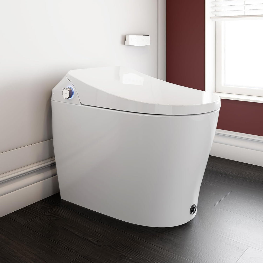 Smart Toilet with Built-In Bidet, Auto Open and Close Lid, Heated Seat, Warm Air Dryer, Night Light, Powerful Auto Flush, Remote Control, Kick Button