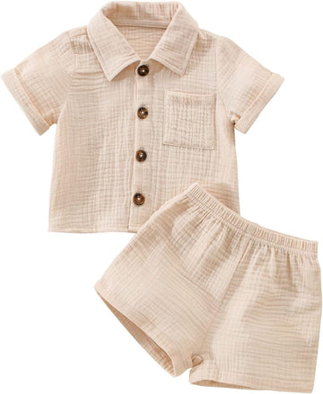 Baby Boys Clothes Set Toddler Infant Boys Button-down Shirt Tops + Cotton Gauze Shorts Summer Outfit 2PCS with Pockets