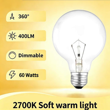 G25 Globe 60W Incandescent Light Bulbs, Double Life Globe Bulb, 2700K Soft White, E26 Base, Dimmable Crystal Clear
