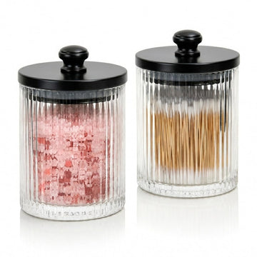 Ribbed Glass Bathroom Jars | Set of 2 Farmhouse Style Storage Canister with Airtight Black Wooden Lids | Cotton