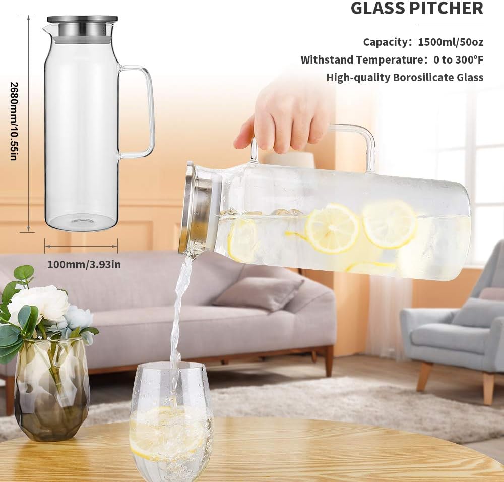 Glass Pitcher with Lid and Handle 50 oz/1500ml Water Pitcher for Ice Tea and Homemade Juice Heat Resistant