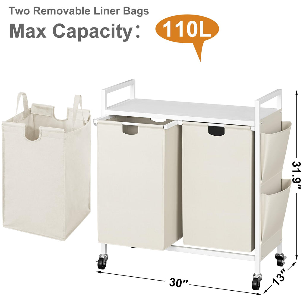 Double Laundry Hamper with Wheels, Rolling Laundry Basket Organizer
