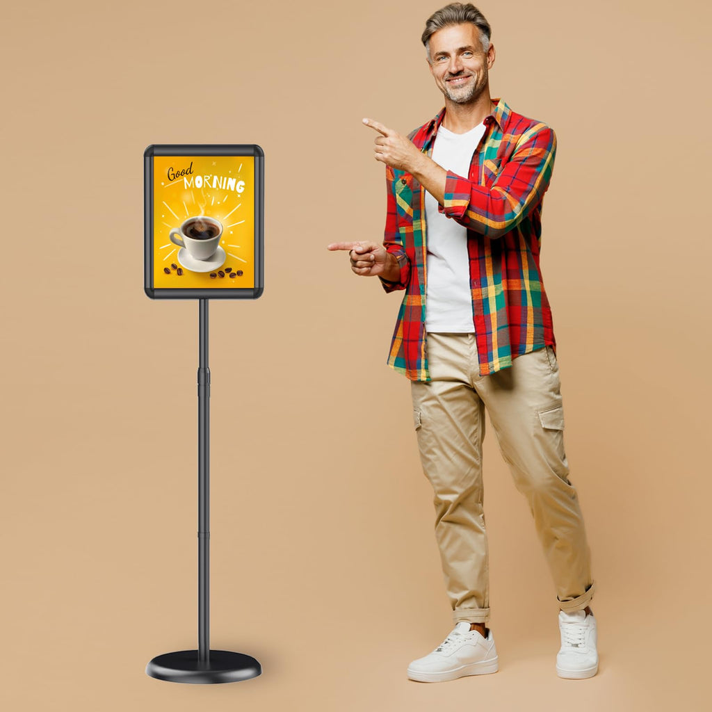 Adjustable Pedestal Floor Stand Sign Holder for 8.5*11 inches Poster or chalk board, Snap open frame, 360°