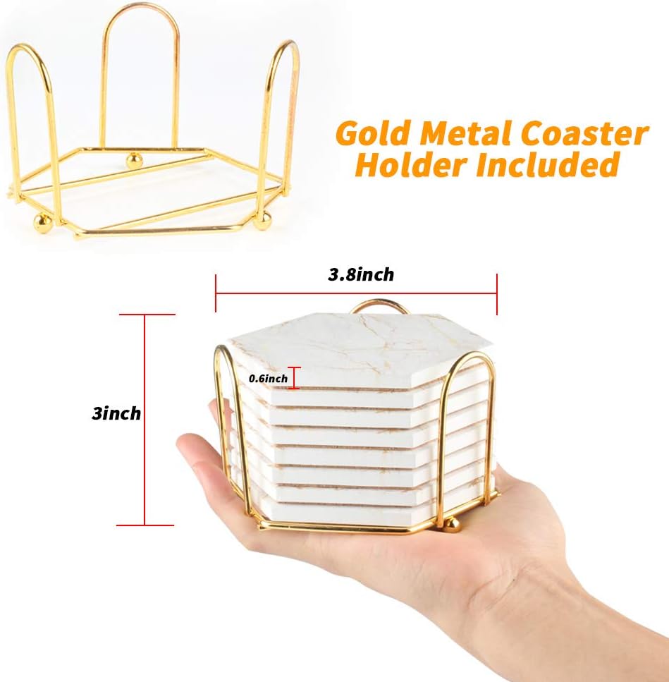 Marble Coasters for Drinks - Absorbent Set with Metal Holder, Gold Cup Coasters for Coffee Table, Rustic Home - Set of 8