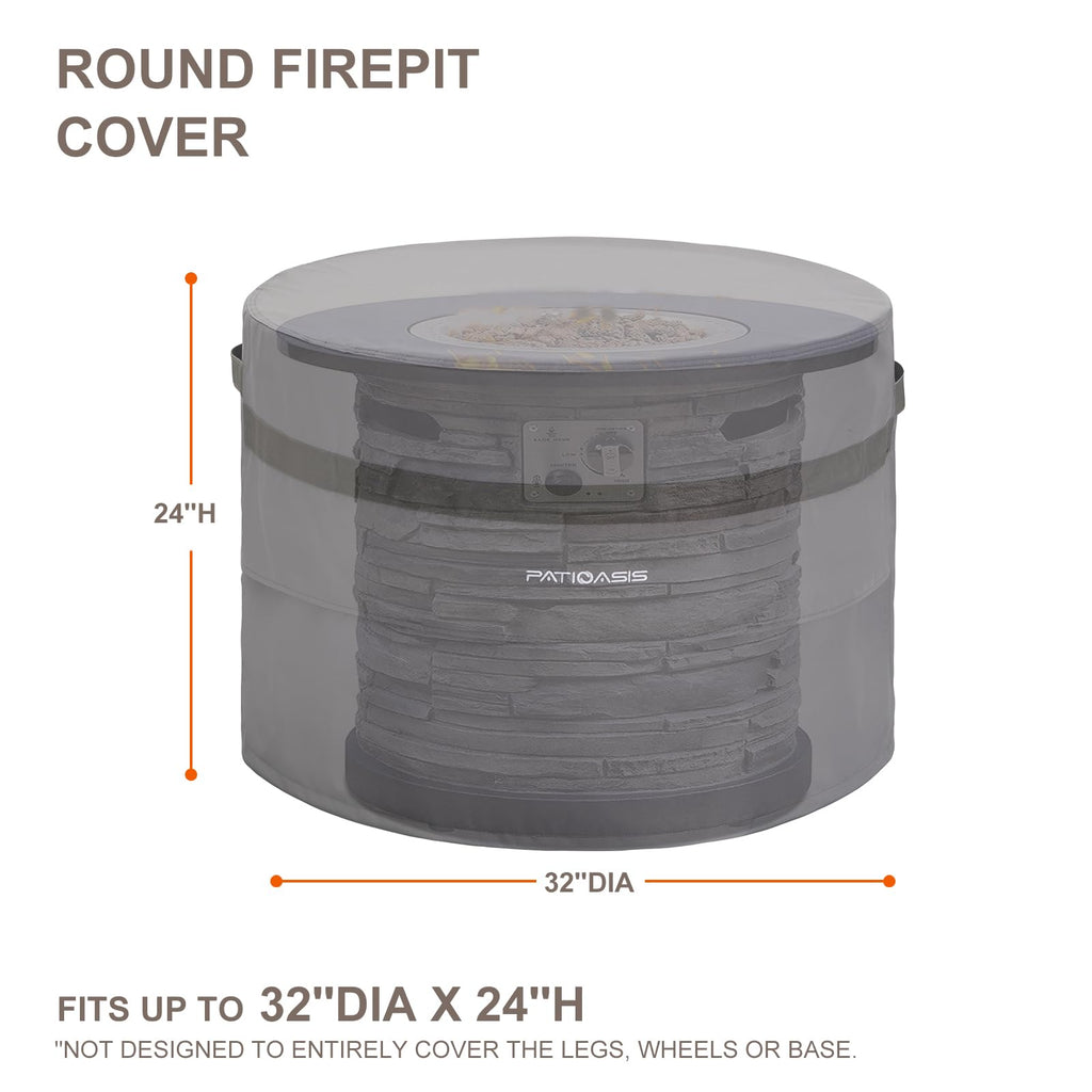 Grey Round Firepit Table Cover 32''Dia Waterproof Outoor Patio Gas Fire Bowl Cover 600D All Weather Resistant Fire