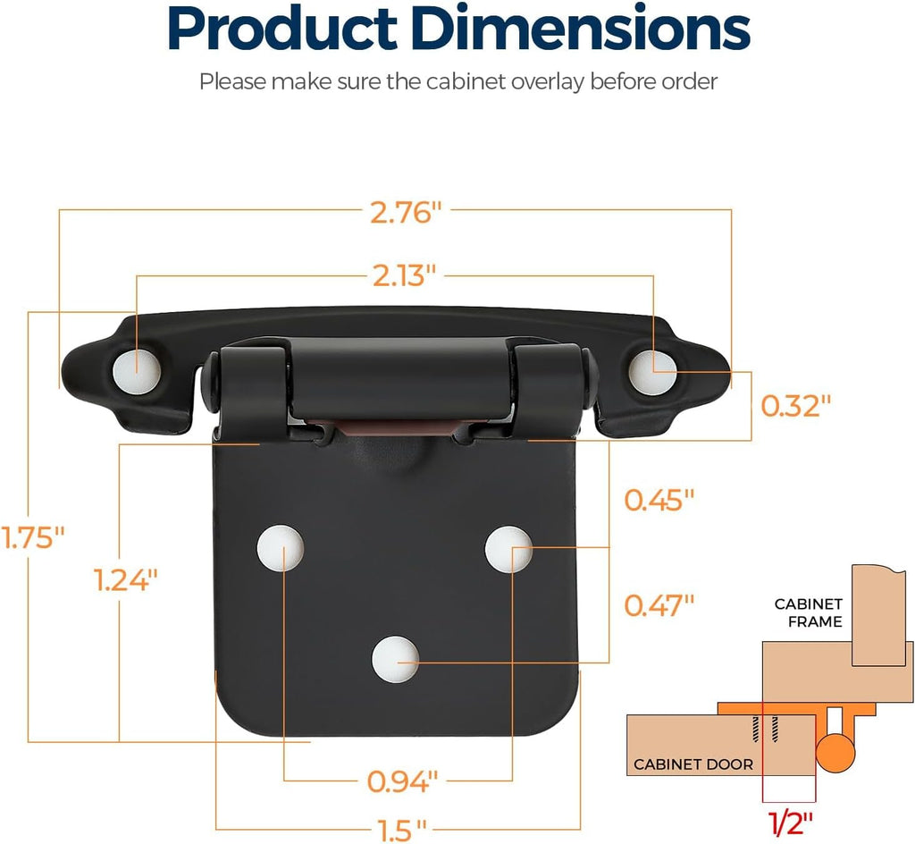 60 Pack (30 Pairs) 1/2" Overlay (Variable) Cabinet Hinges, Self-Closing Semi-Concealed Face Mount, Matte Black
