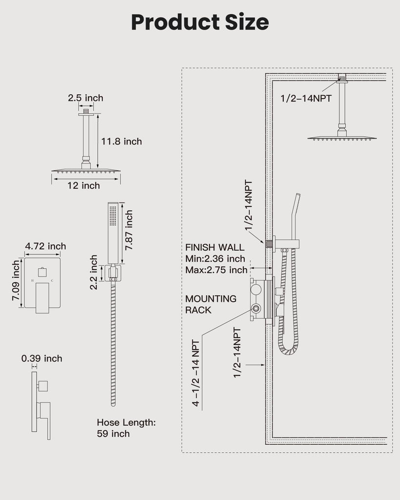 Ceiling Shower System with Handheld Matte Black,12 inch Head