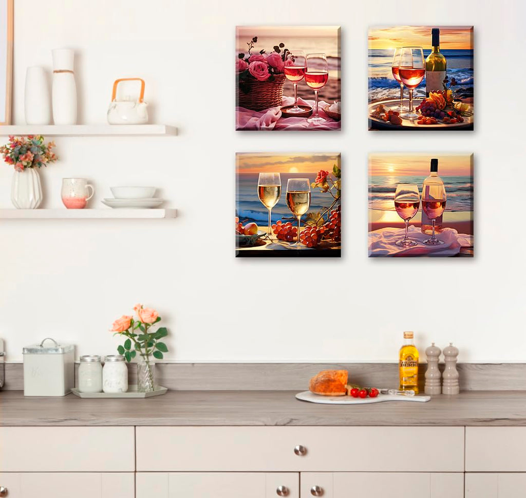 Kitchen Wall Art Wine Glass Canvas Prints 12"X12"X4 Panels