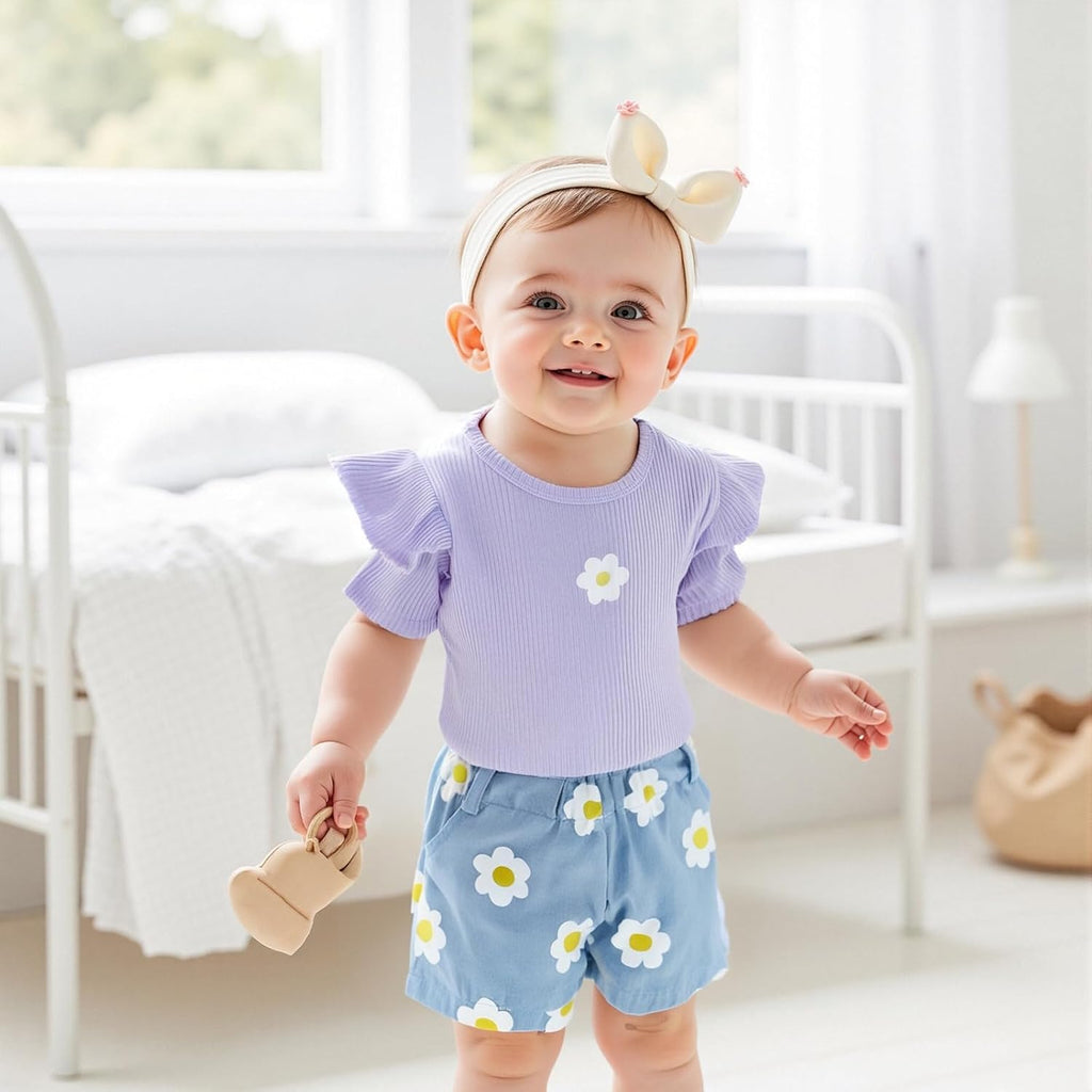 Toddler Baby Girl 2Pcs Knit Ribbed Ruffle Short Sleeve Floral Print Tops + Shorts Set Outfits
