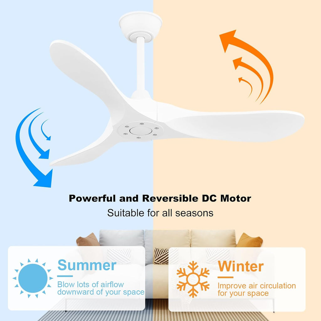 42 Inch Solid Wood Ceiling Fan with Remote, White, No Light, 6-Speed Reversible DC Motor, Indoor/Outdoor