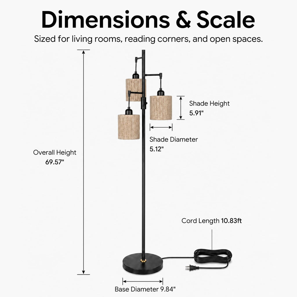 Dimmable Boho Floor Lamp, 3-Light Tree Lamp with Hemp Rope Shades