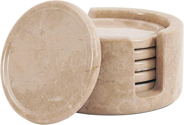 Round Marble Coasters with Holder - Verona Stone 3.5 Inch - Set of 6