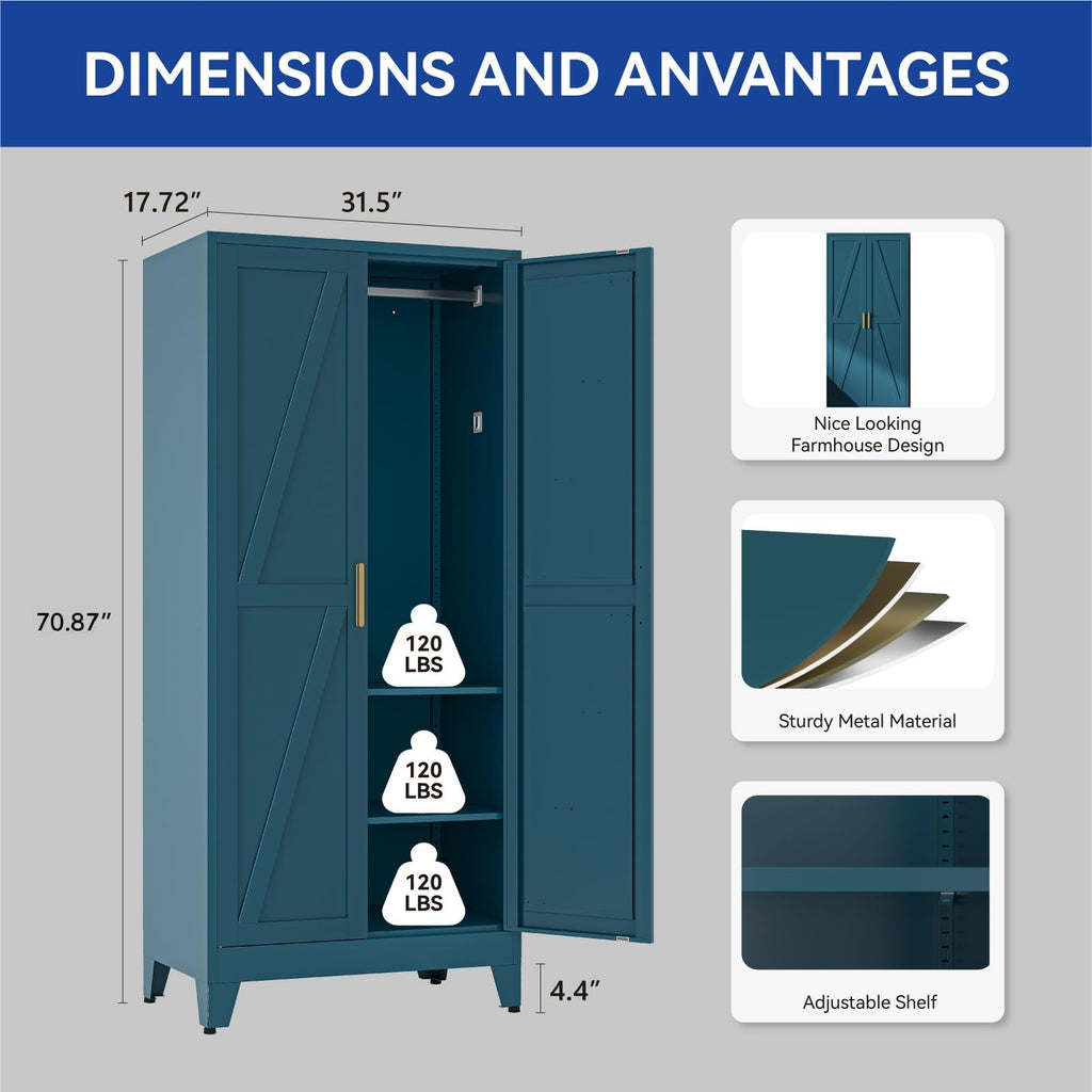 71'' Metal Armoire Wardrobe Closet, Steel Wardrobe Cabinet with Adjustable Hanging Rod and Shelves, 2 Doors Farmhouse