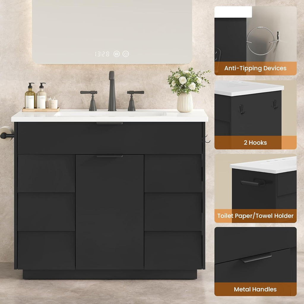 37" Fluted Bathroom Vanity with Sink Combo Set, Freestanding Bathroom Cabinet with 5 Drawers Space