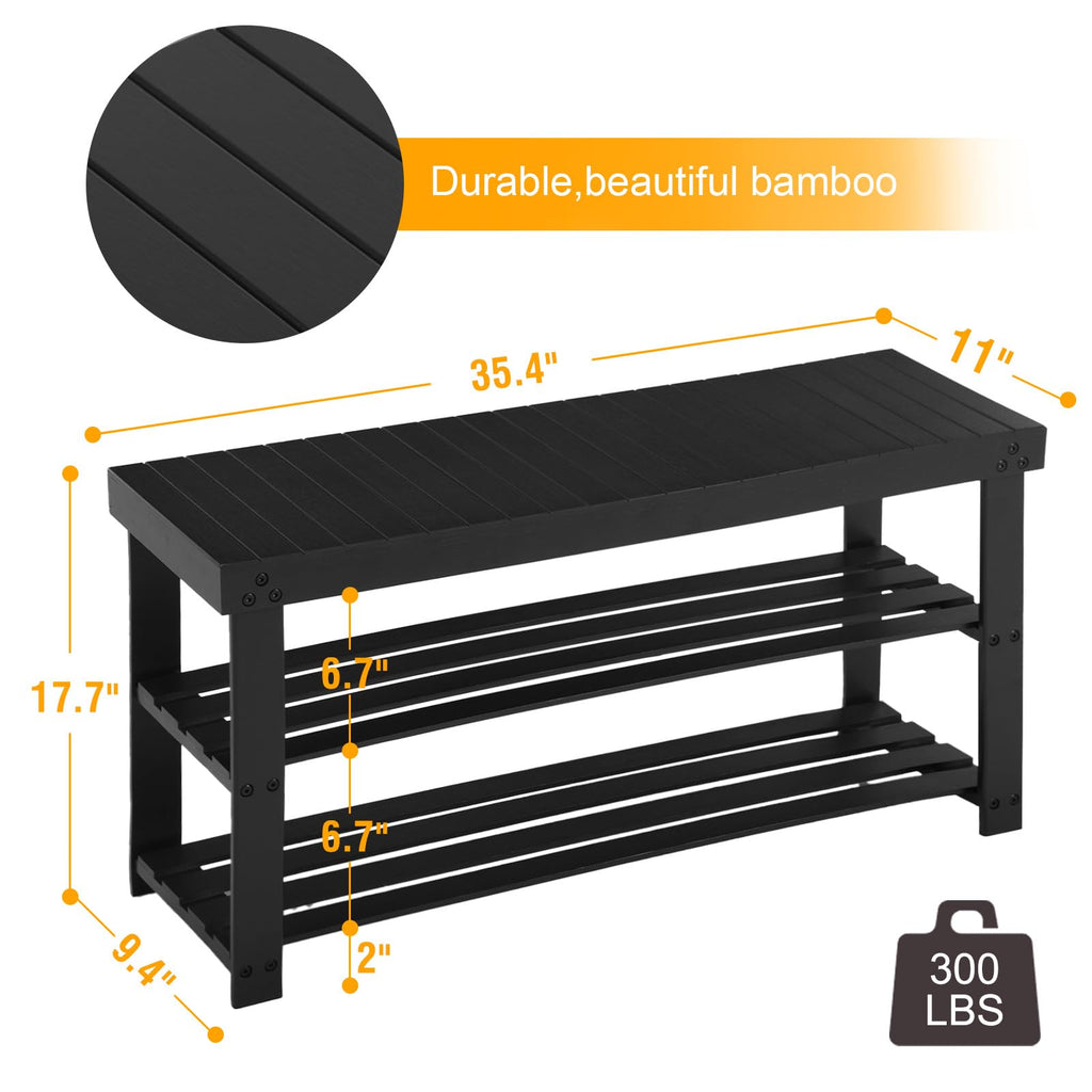 Bamboo Shoe Rack Bench, 3-Tier Shoe Storage Organizer, Black