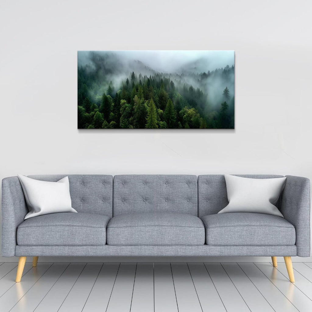 Forest Canvas Wall Art Misty Green Mountain Pine Tree Wall Decor Vintage Nature Foggy Scenery Picture Bedroom Cloudy