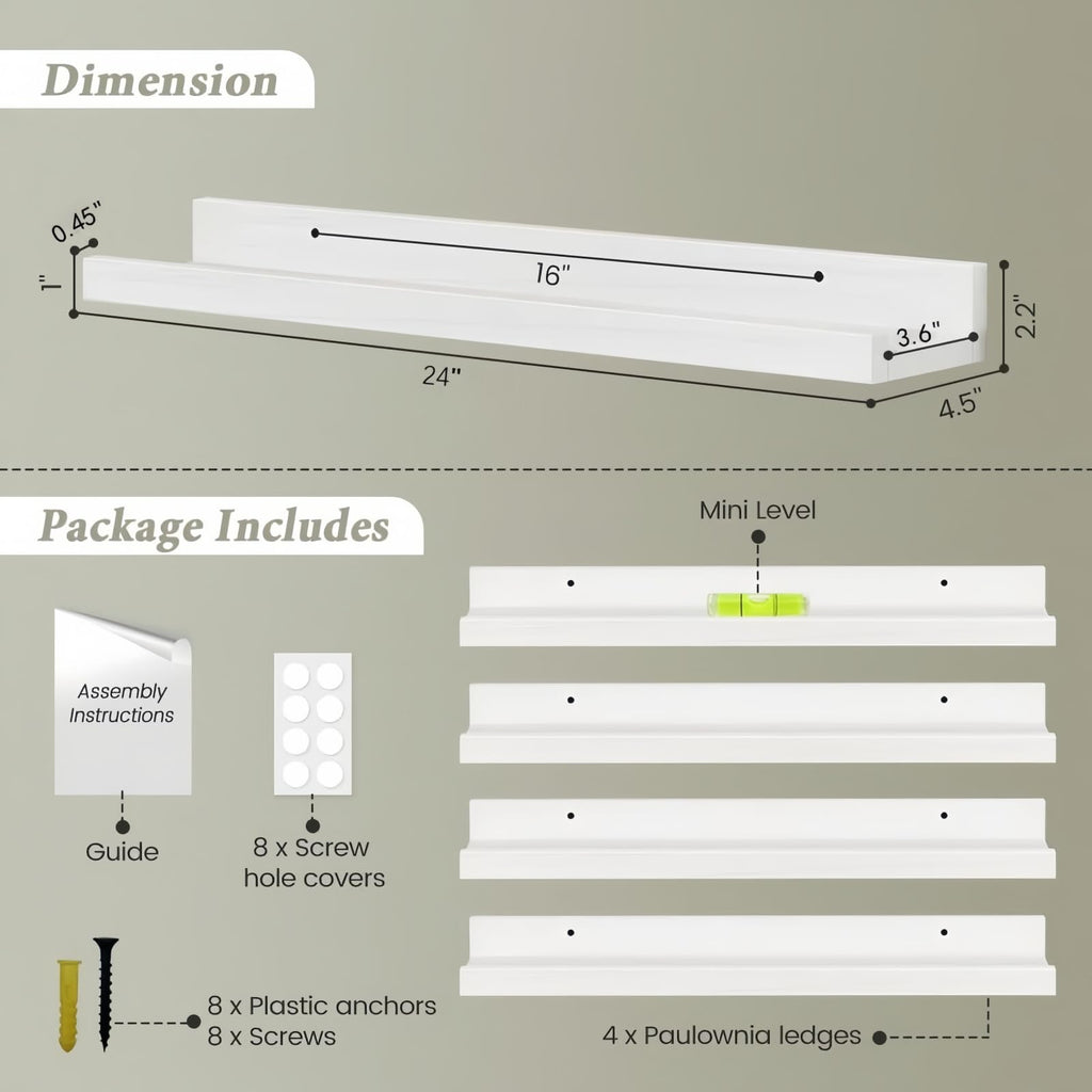 24 Inch Floating Nursery Wall Shelves, White Picture Ledge Shelf 4-Pack