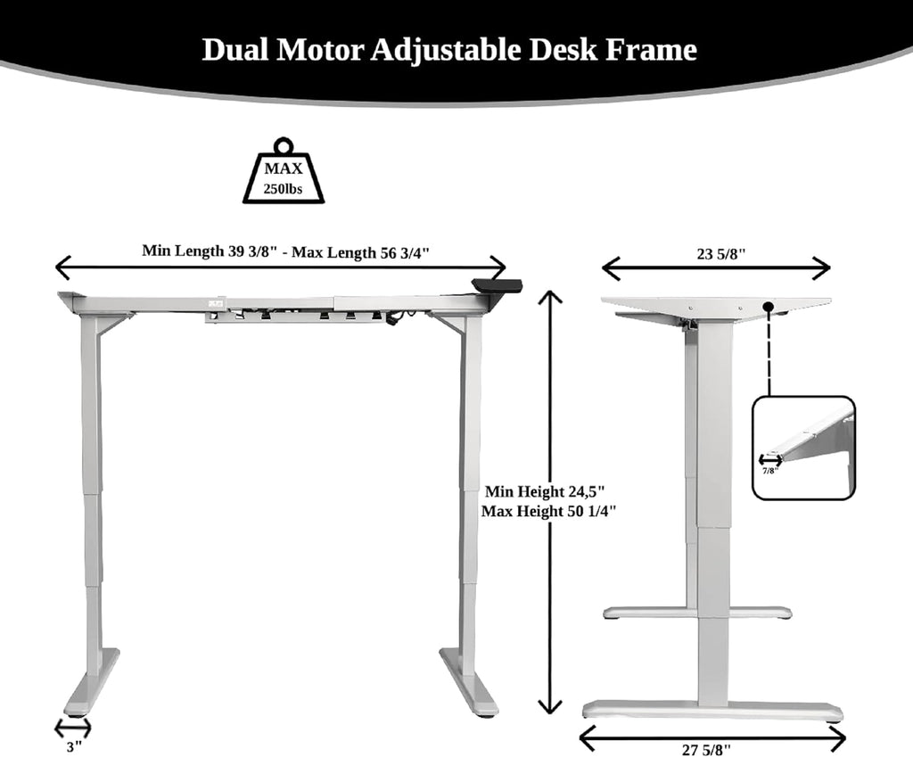 24.5-50" Max Height Gray Dual Motor Electric Height Adjustable Standing Desk Frame (Tabletop Not Included), Ergonomic