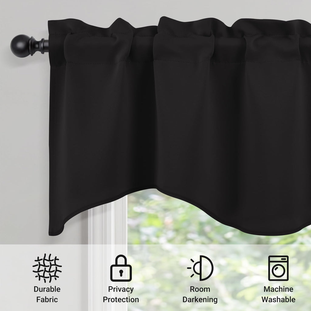 Blackout Scalloped Valance Curtain 2 Panels, W52 x L18 Inch, Black