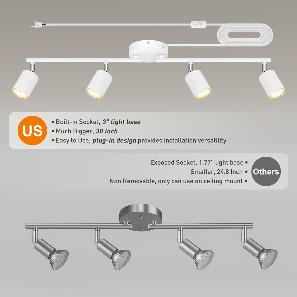 Track Lighting Plug in, LED Track Lighting Fixtures Ceiling Kit, White 4-Light Ceiling Light Plug-in, Wall Light