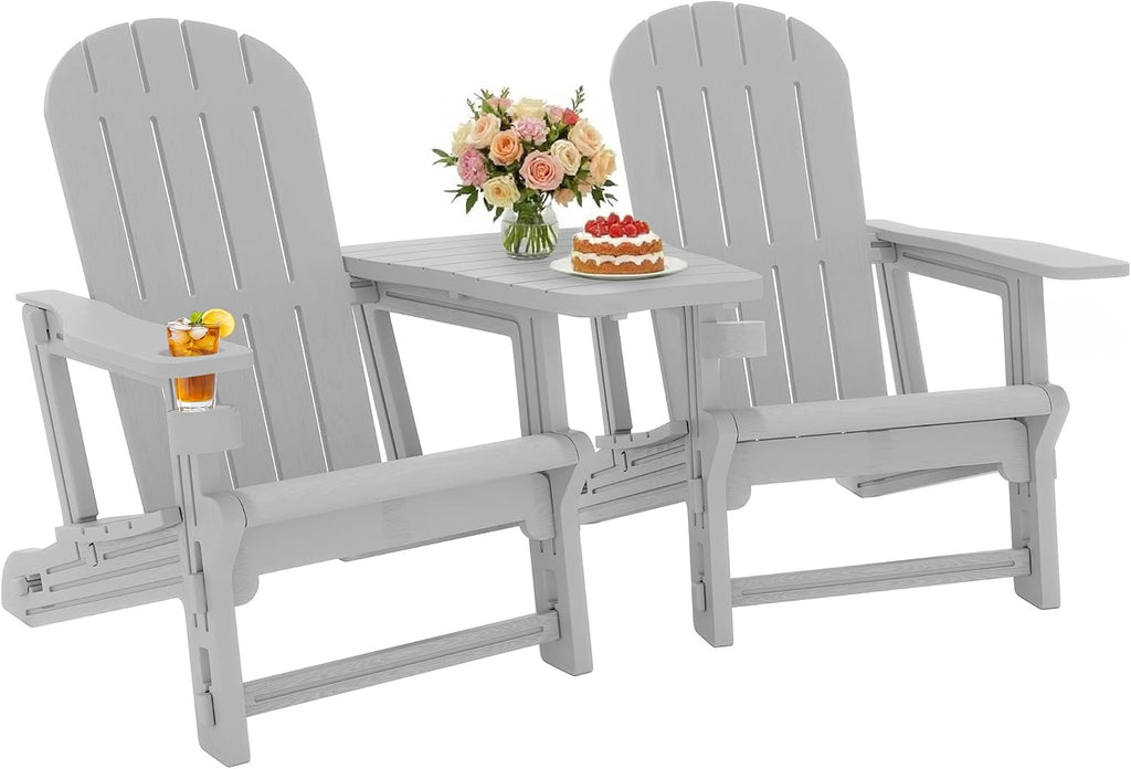 JY QAQA Outdoor Adirondack Chair Set of 2, All-Weather HDPE Patio Furniture with Detachable Table, Wood Texture & Cup