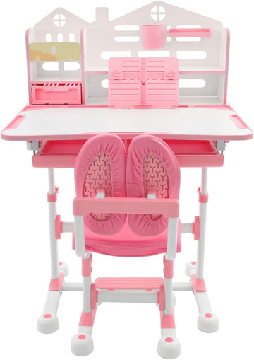 Kids Study Desk and Chair Set with Drawers, Adjustable Height Desk,Pink
