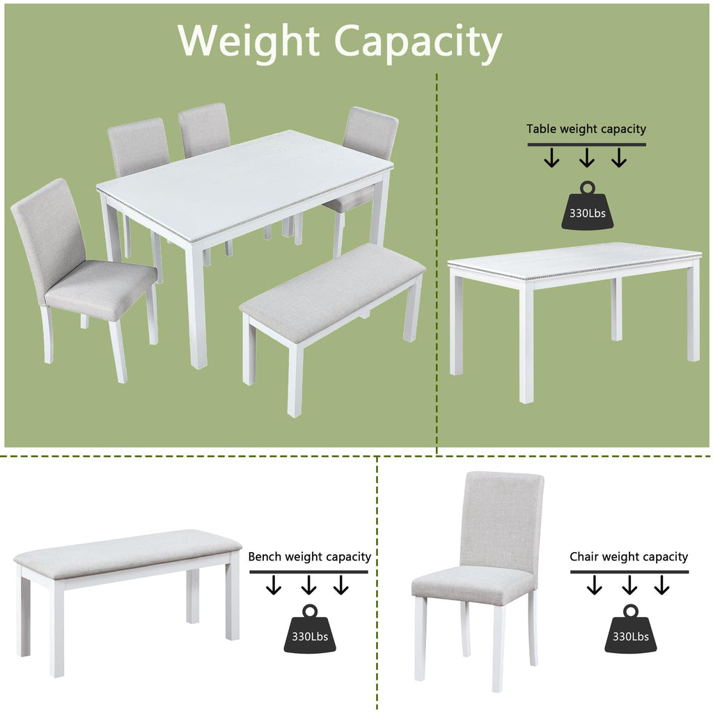 6-Piece Dining Table Set for 6, Solid Wood Kitchen Table Set with 4 Upholstered Chairs & Bench, White