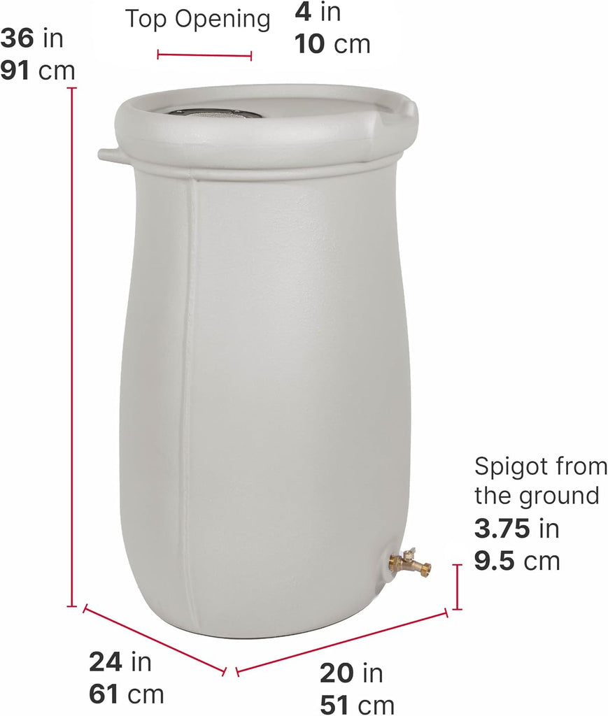 Fernway Rain Barrel, Outdoor Water Conservation Container, Holds 50 Gallons, Gray