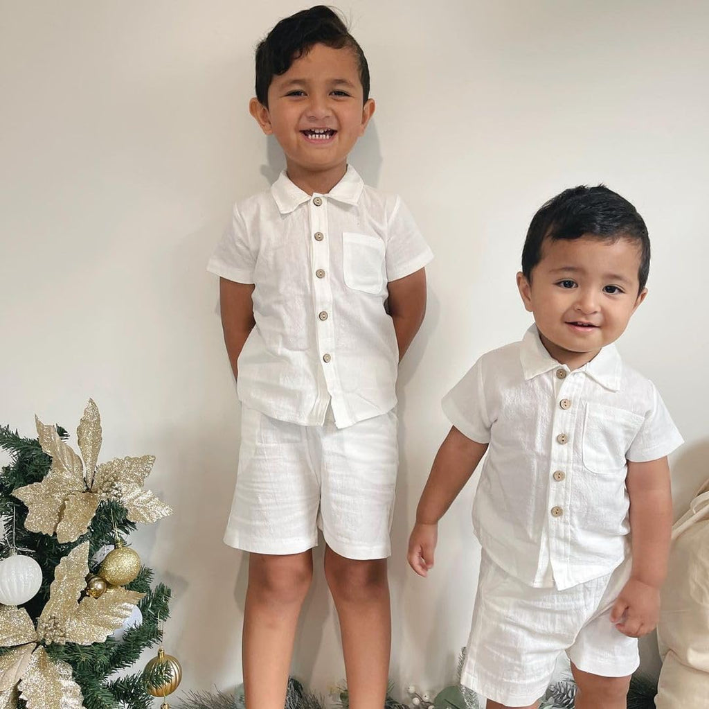 Baby Boy Cotton Linen Shorts Set Solid Color Short Sleeve Button Down T-Shirt Tops and Shorts Summer Outfit Clothes