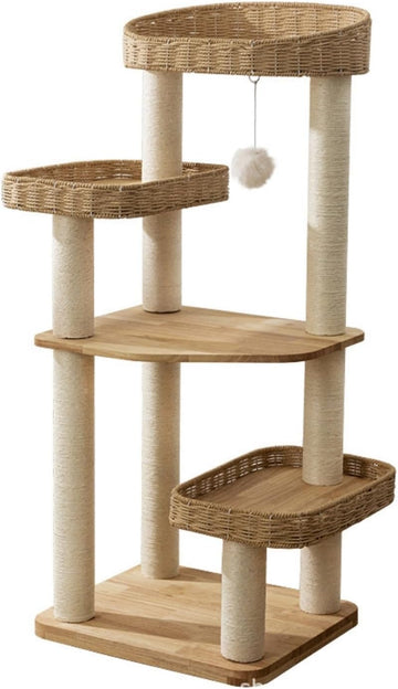 Modern Natural Wood Wooden Cat Tree Tower, 3 Large Rattan Wicker Basket Perch Beds with Cozy Cushion Sisal Scratching