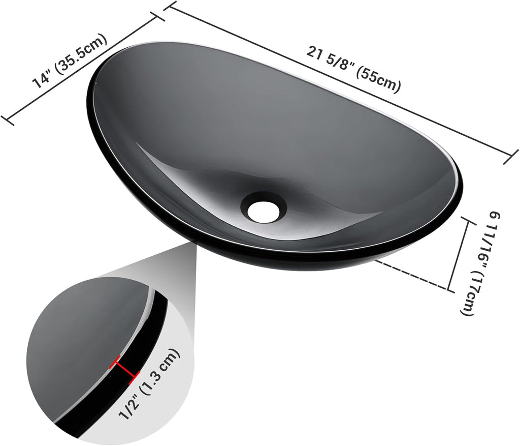 Aquaterior Tempered Glass Bathroom Vessel Sink Oval Vanity Above Counter Top Mount Basin Clear Grey Industrial Modern