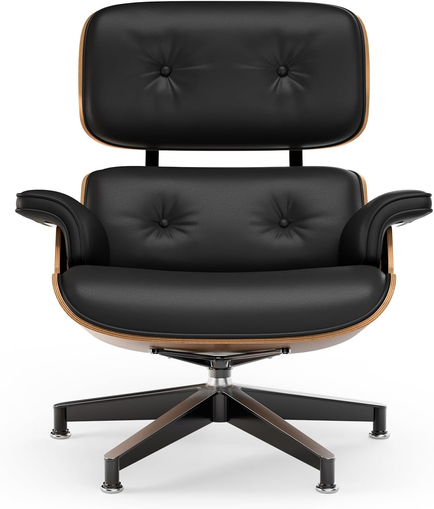 Mid-Century Modern Lounge Chair & Ottoman — Black PU Leather, Walnut Base, Standard
