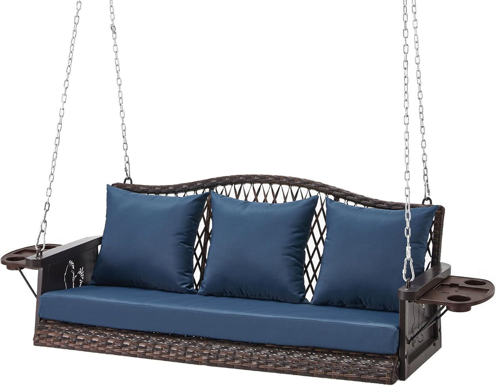 Upgraded Wicker Hanging Porch Swing Heavy Duty 900 LBS 3-Seat Outdoor Patio Swing Chair Bench for Adult w/ 8.9ft
