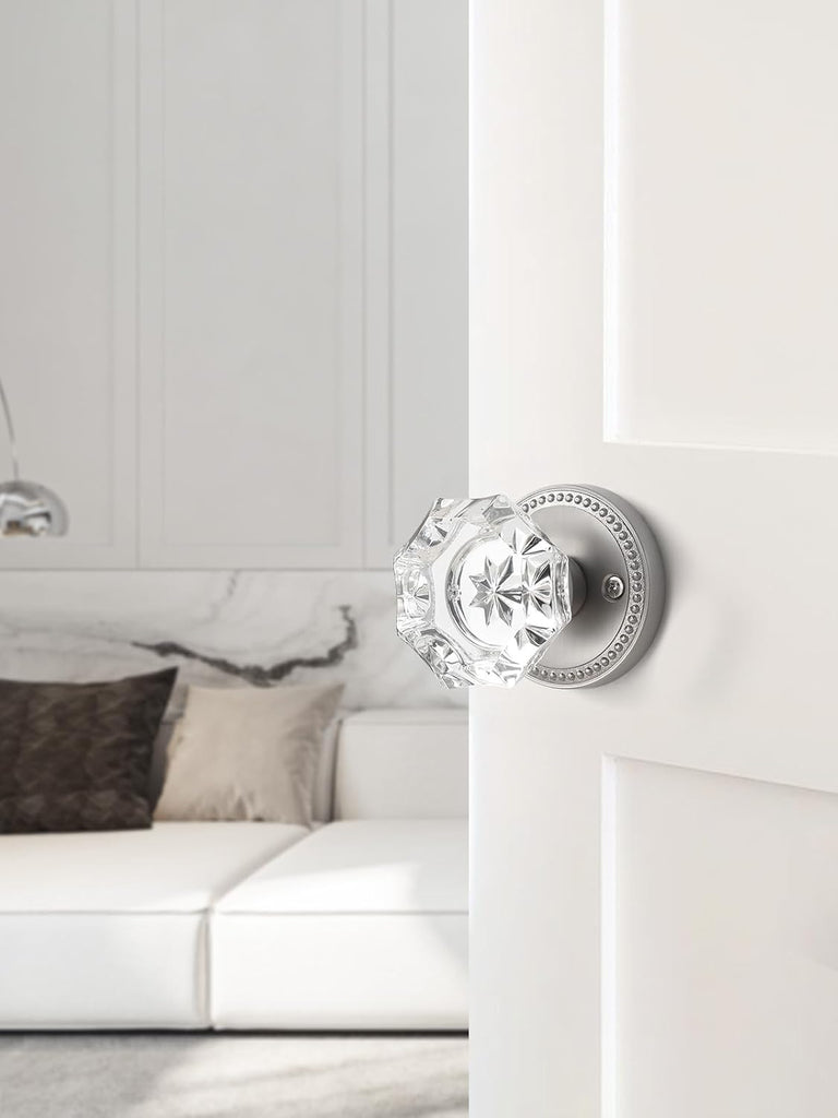 Door Knob Brushed Nickel Passage Crystal Glass Interior 1 Pack