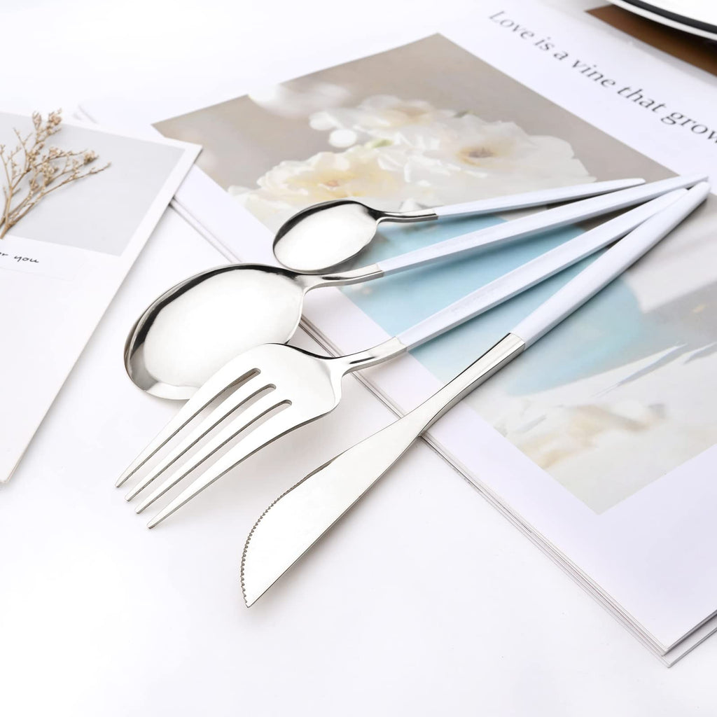 White Silver 24Pcs Flatware Set With Stand, Lightweight Dinnerware Set Stainless Steel Cutlery With White handles
