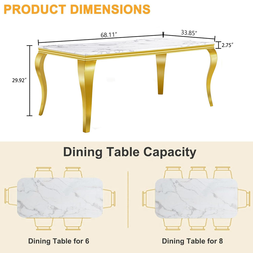 Marble Dining Table for 4 6, 68 Inch White Gold Kitchen Table with Faux Marble Top & Cabriole Stainless Steel Legs