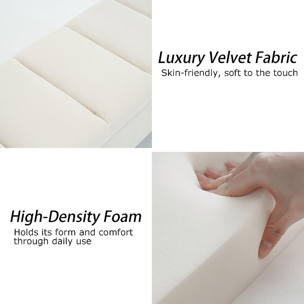 55" Tufted Storage Bench King Size Bed, Velvet Ivory White | Long Ottoman Gold Legs, Modern End of Bed Bench