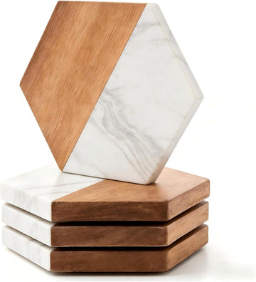 Marble Wood Coasters, Fun & Cute Drink Coasters for Coffee Table, Coffee Bar Decor & Desk Accessories, White - Set of 4