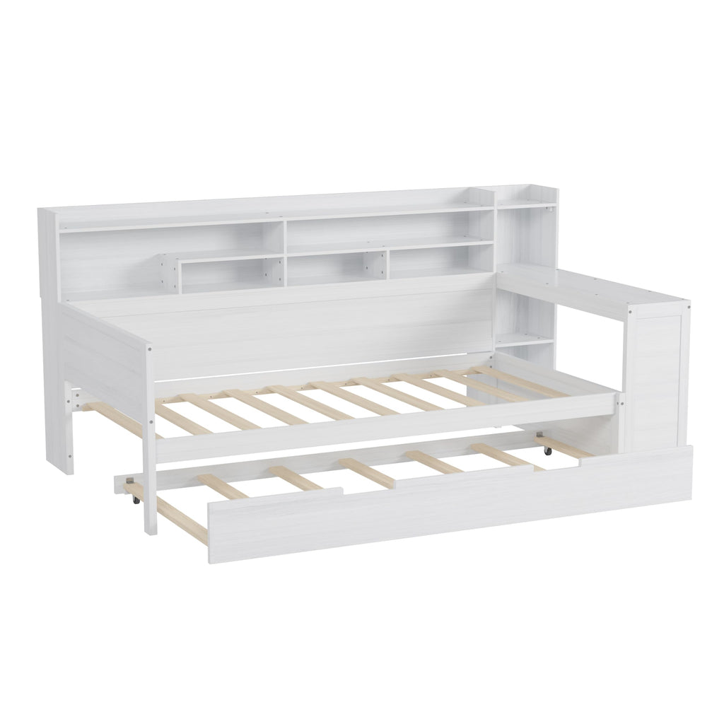 Twin Size Daybed with Trundle, Wooden Multi-Functional Bed with Storage Shelves and Study Desk, White